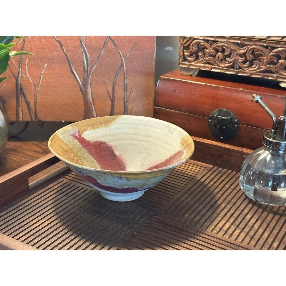 Artist‑Signed Handmade Pottery Bowl — Multicolor Earth‑Tone Glaze